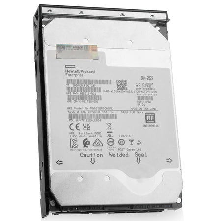 HP Generation 11 MB012000GWDFE 868211-001 12TB 7.2K RPM SATA 6Gb/s 512e 3.5in Refurbished HDD, front angled view