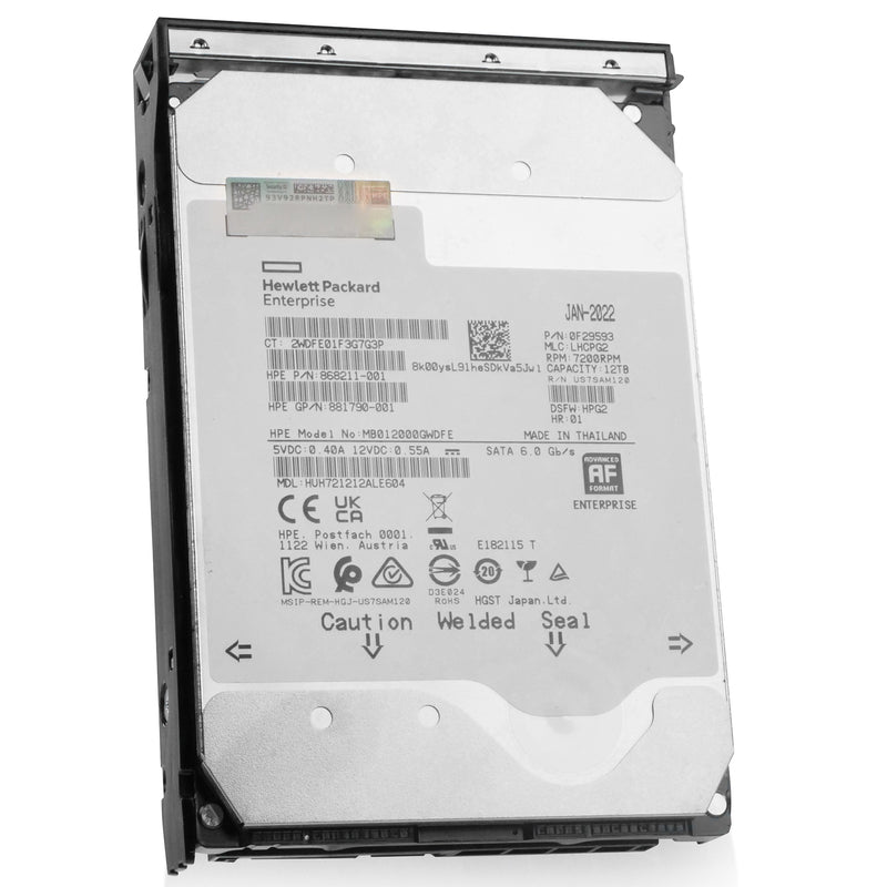 HP Generation 11 MB012000GWDFE 868211-001 12TB 7.2K RPM SATA 6Gb/s 512e 3.5in Refurbished HDD, front angled view