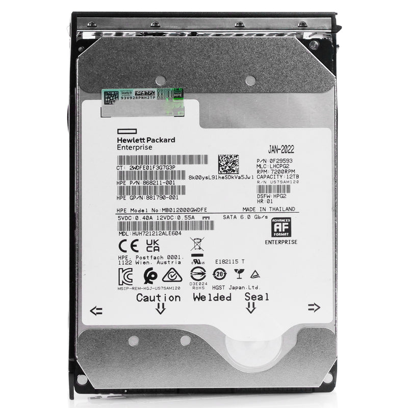 HP Generation 11 MB012000GWDFE 868211-001 12TB 7.2K RPM SATA 6Gb/s 512e 3.5in Refurbished HDD, front view