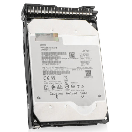 HP Generation 8 MB012000GWDFE 868211-001 12TB 7.2K RPM SATA 6Gb/s 512e 3.5in Refurbished HDD, front angled view