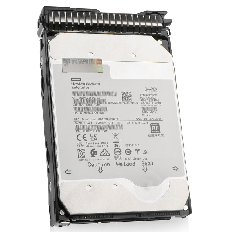 HP Generation 8 MB012000GWDFE 868211-001 12TB 7.2K RPM SATA 6Gb/s 512e 3.5in Refurbished HDD, front angled view