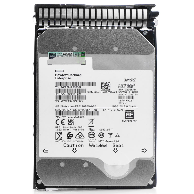 HP Generation 8 MB012000GWDFE 868211-001 12TB 7.2K RPM SATA 6Gb/s 512e 3.5in Refurbished HDD, front view