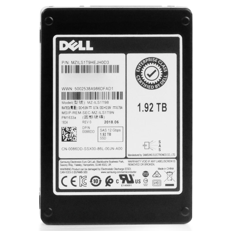 Dell/Samsung PM1633a MZILS1T9HEJH0D3 1.92TB 1 DWPD SAS 12Gb/s 3D TLC V-NAND 2.5in Refurbished SSD, front view