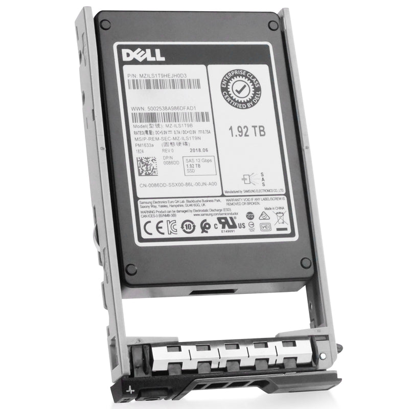 Dell G13 0086DD 1.92TB 1 DWPD SAS 12Gb/s 3D TLC V-NAND 2.5in Refurbished SSD, front angled view