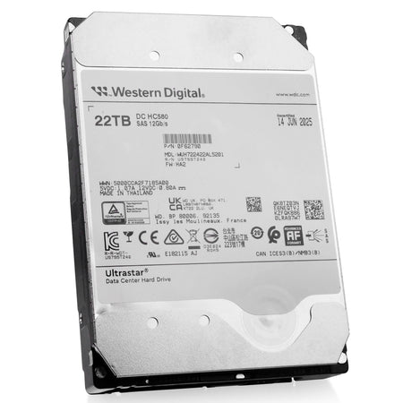 Western Digital Ultrastar DC HC580 WUH722422AL5201 0F62790 22TB 7.2K RPM SAS 12Gb/s 512e 3.5in Recertified Hard Drive, front angled view