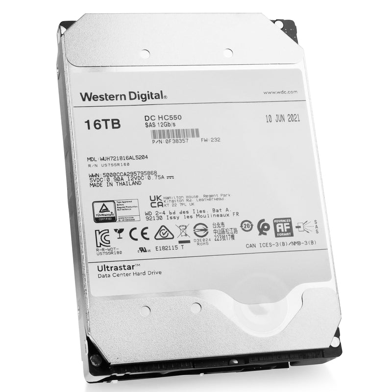 Western Digital Ultrastar DC HC550 WUH721816AL5204 0F38357 16TB 7.2K RPM SAS 12Gb/s 512e 3.5in Hard Drive, front angled view