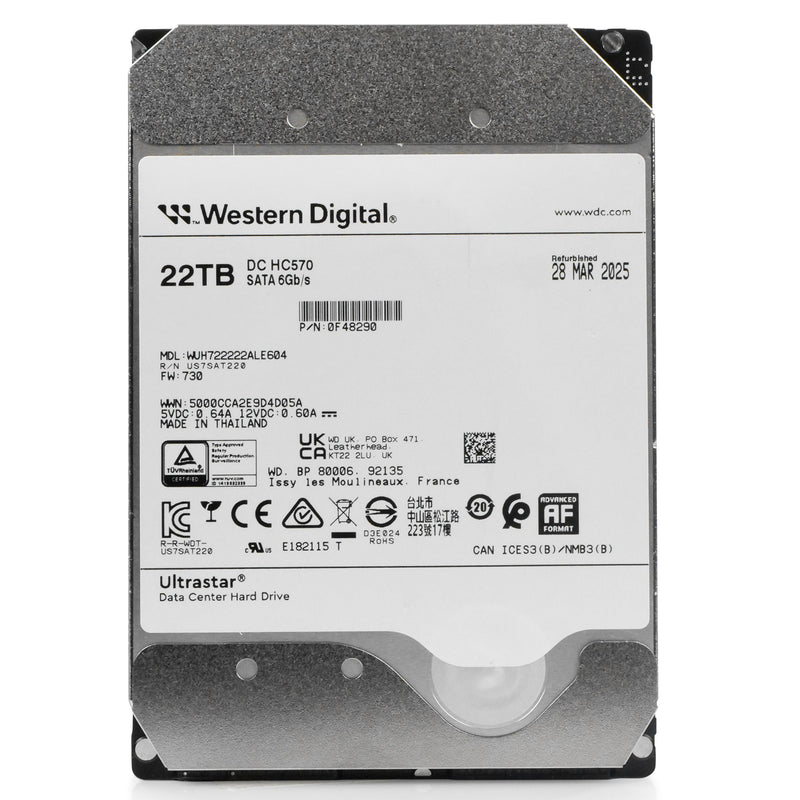 Western Digital Ultrastar DC HC570 WUH722222ALE604 0F48290 22TB 7.2K RPM SATA 6Gb/s 512e 3.5in Recertified Hard Drive, front view