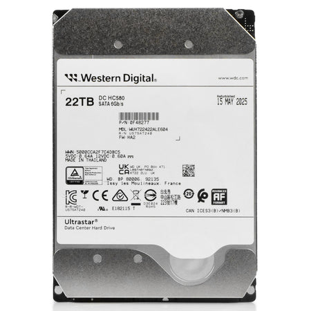 Western Digital Ultrastar DC HC580 WUH722422ALE604 0F48277 22TB 7.2K RPM SATA 6Gb/s 512e 3.5in Recertified Hard Drive, front view
