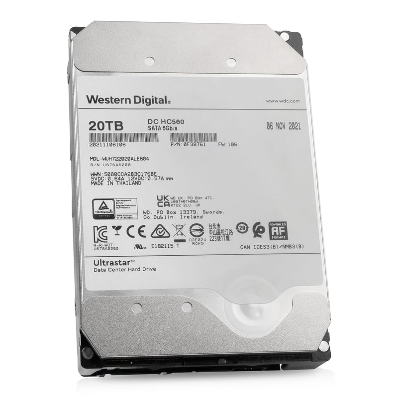 Western Digital Ultrastar DC HC560 WUH722020ALE604 0F38761 20TB 7.2K RPM SATA 6Gb/s 512e 3.5in Refurbished HDD, front side view