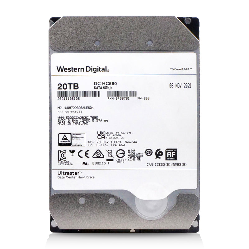 Western Digital Ultrastar DC HC560 WUH722020ALE604 0F38761 20TB 7.2K RPM SATA 6Gb/s 512e 3.5in Refurbished HDD, front view