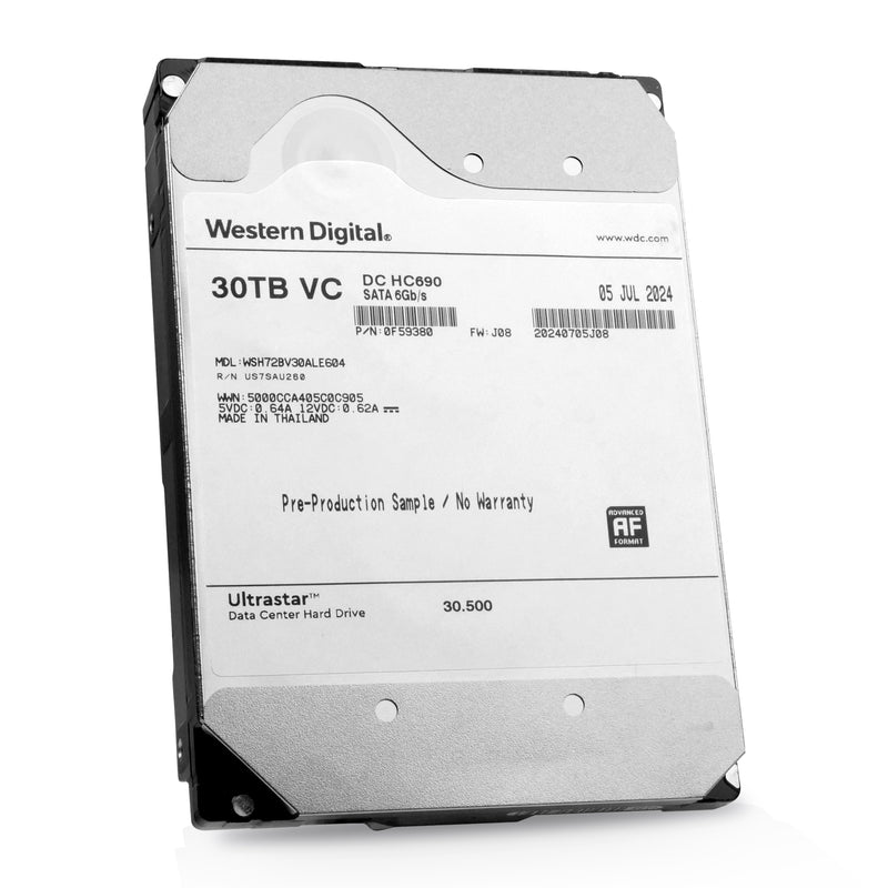 Western Digital Ultrastar DC HC690 WSH72BV30ALE604 0F59380 30TB SMR 7.2K RPM SATA 6Gb/s 512e 3.5in Refurbished HDD, front side view
