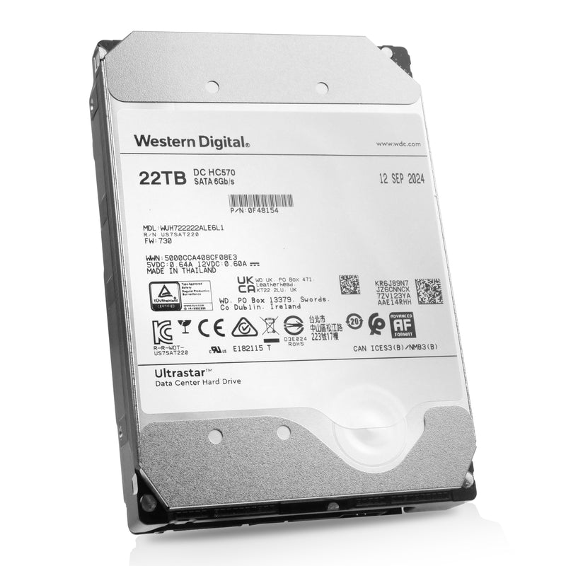 Western Digital Ultrastar DC HC570 WUH722222ALE6L1 0F48154 22TB 7.2K RPM SATA 6Gb/s 512e 3.5in Hard Drive, front angled view