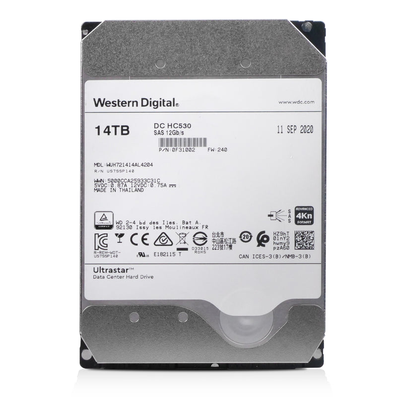 Western Digital Ultrastar DC HC530 WUH721414AL4204 0F31002 14TB 7.2K RPM SAS 12Gb/s 4kn 3.5in Refurbished HDD, front view