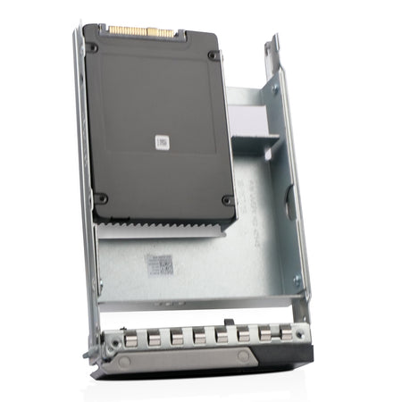 A silver metal server drive caddy with a black solid state drive (SSD) partially inserted into the tray assembly.