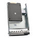 A silver metal server drive caddy with a black solid state drive (SSD) partially inserted into the tray assembly.