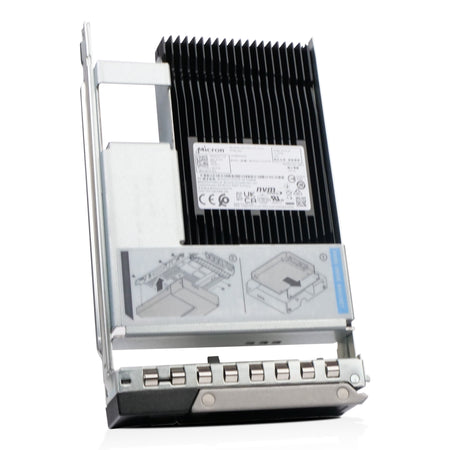 A metal server drive caddy holding a Micron brand solid-state drive (SSD) with a large heatsink and installation instructions printed on the side.