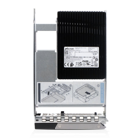 A silver server hard drive caddy holding a black Micron solid state drive (SSD) with a large heatsink.