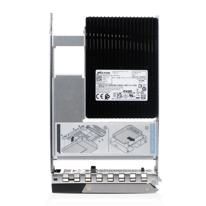 A silver server hard drive caddy holding a black Micron solid state drive (SSD) with a large heatsink.