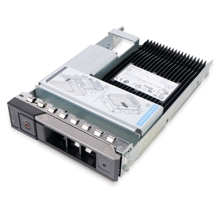 A silver metal server drive caddy containing a Micron brand solid state drive (SSD) equipped with a large black heatsink.