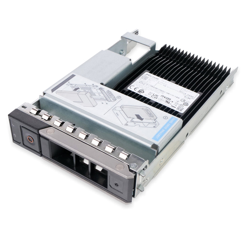 A silver metal server drive caddy containing a Micron brand solid state drive (SSD) equipped with a large black heatsink.