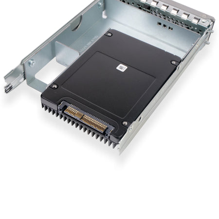 A silver metal drive caddy holding a black Solid State Drive (SSD) with its connector pins visible.