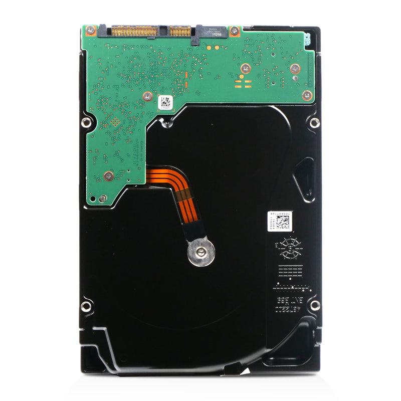 The underside of a 3.5-inch internal hard drive against a plain white background. It features a black metallic casing with a green L-shaped printed circuit board (PCB) at the top, showing gold-plated data and power connectors. A thin, orange ribbon cable connects the circuit board to the central circular spindle motor.