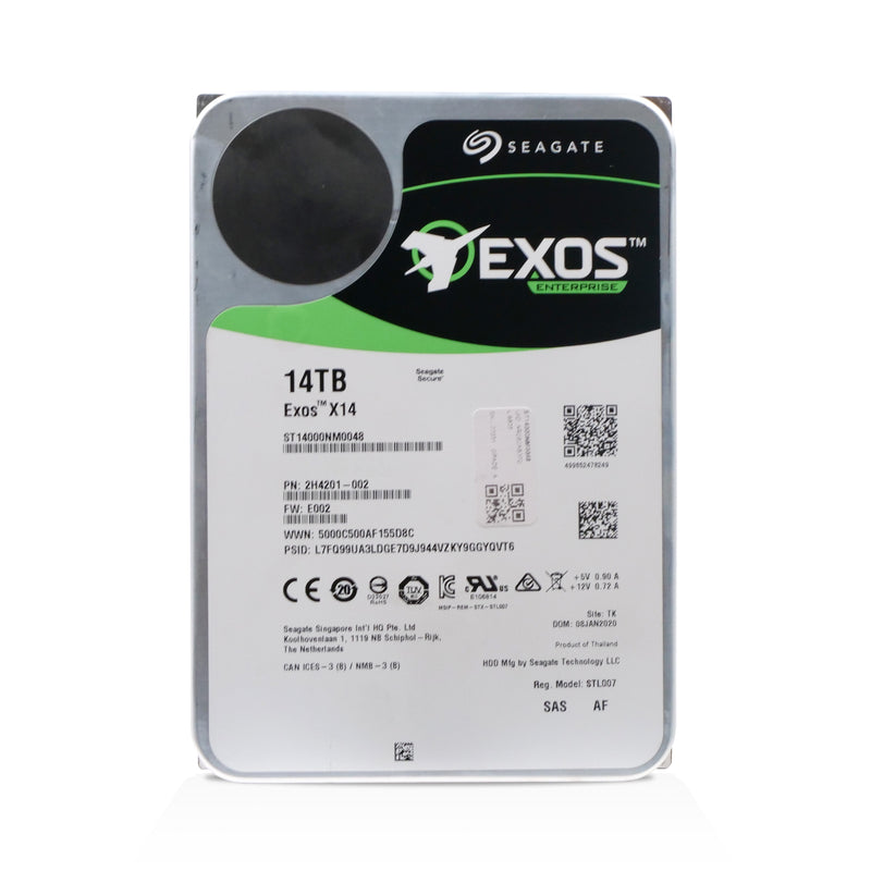 A top-down view of a 3.5-inch Seagate Exos X14 enterprise hard drive with a 14TB capacity. The drive features a metallic silver casing with a large white and green label. The top of the label has the black and green Seagate Exos Enterprise logo, while the body of the label displays technical specifications, barcodes, QR codes, and regulatory certification symbols.