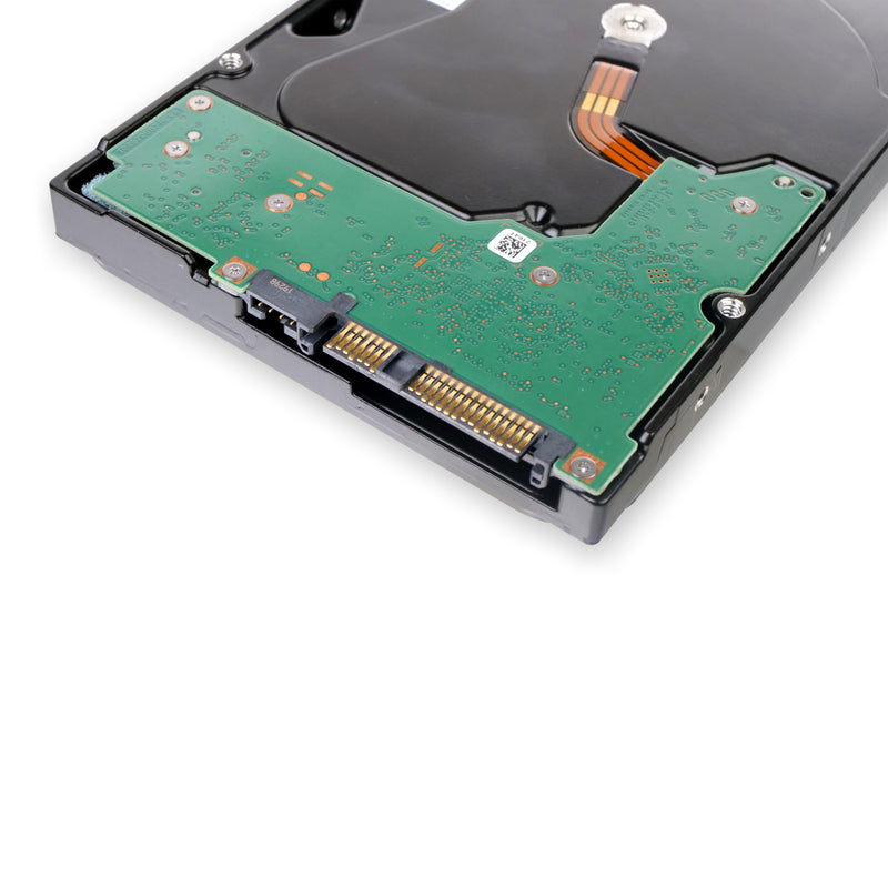 A perspective view of the underside of a 3.5-inch internal hard disk drive, featuring a green printed circuit board (PCB) with visible gold-plated connector pins for power and data. The rest of the drive has a sleek black casing with a copper-colored ribbon cable connecting to the central motor.
