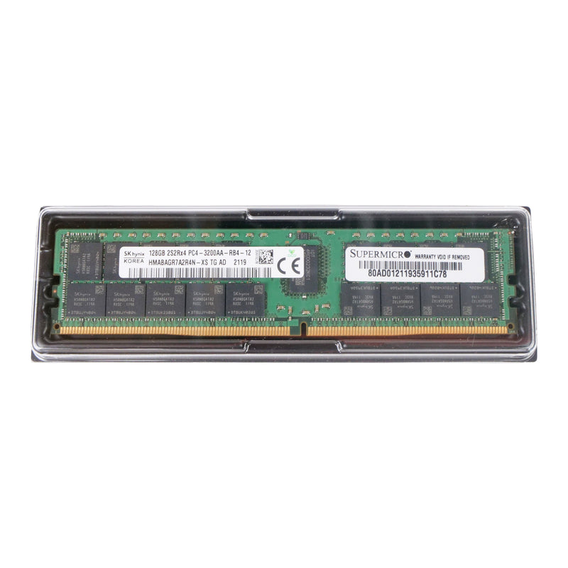 SK Hynix 128GB DDR4-3200 ECC Registered RDIMM (HMABAGR7A2R4N-XS) with Supermicro warranty label in a clear packaging tray.