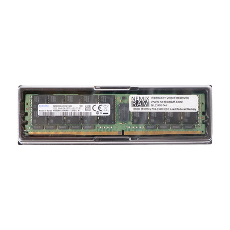 Samsung 128GB DDR4-2933 ECC Load Reduced Memory (LRDIMM) module with Nemix RAM part number ML23400-744, featuring a green PCB and gold pin connectors.