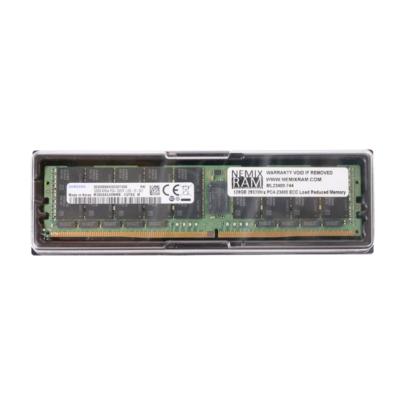 Samsung 128GB DDR4-2933 ECC Load Reduced Memory (LRDIMM) module with Nemix RAM part number ML23400-744, featuring a green PCB and gold pin connectors.