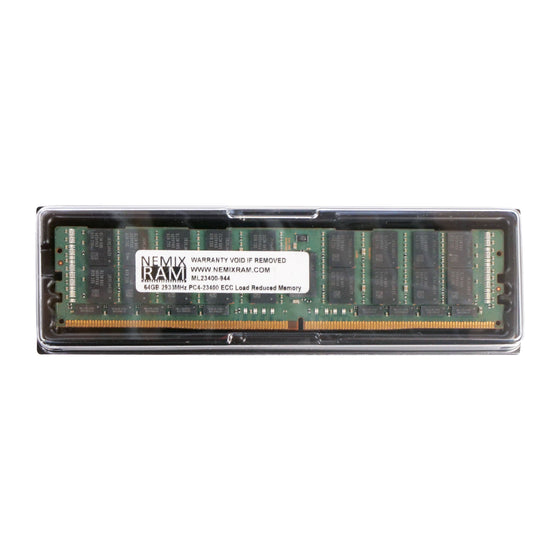 Nemix RAM 64GB 2933MHz PC4-23400 ECC Load Reduced Memory (ML23400-944) on a green PCB with black memory chips and a gold pin connector.