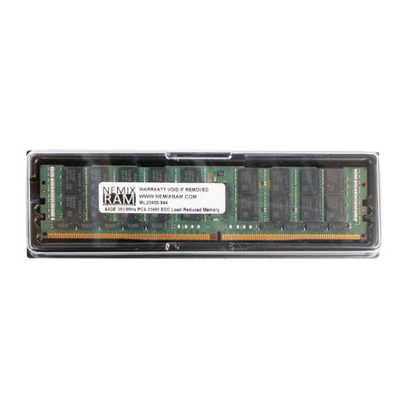 Nemix RAM 64GB 2933MHz PC4-23400 ECC Load Reduced Memory (ML23400-944) on a green PCB with black memory chips and a gold pin connector.
