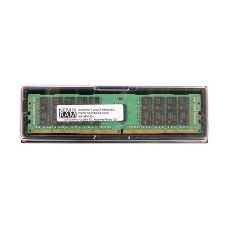 Nemix RAM 32GB 3200MHz PC4-25600 ECC Registered memory (MR25600-324) on a green PCB with black chips in clear packaging.