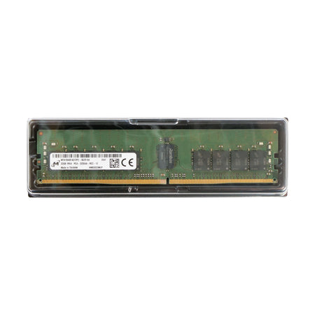 Micron 32GB DDR4-3200 ECC RDIMM server memory module (MTA18ASF4G72PZ-3G2E1U) showing the green PCB and identification label.