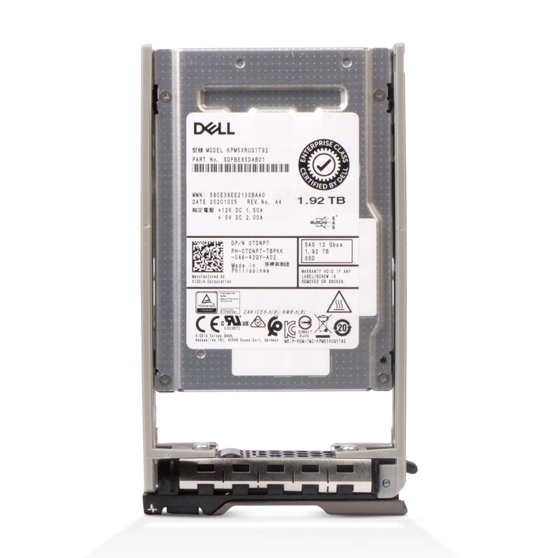 Dell 1.92TB 12Gbps SAS 2.5-inch SSD, model KPM5XRUG1T92, featuring read-intensive TLC flash and advanced 512e format, in a PowerEdge server caddy.