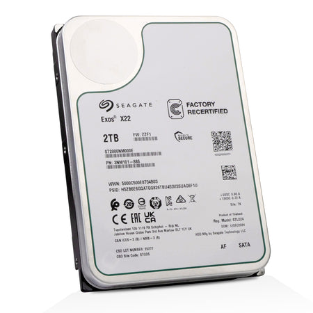 Seagate Exos X22 2TB SATA HDD, model ST2000NM000E, factory recertified unit showing manufacturer labels and specifications.