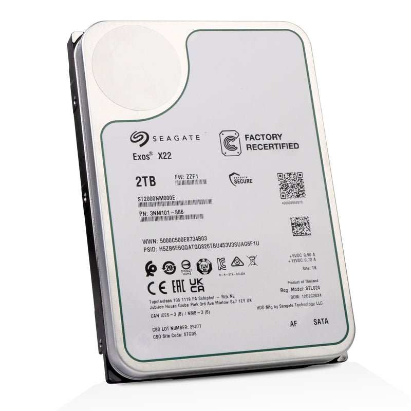 Seagate Exos X22 2TB SATA HDD, model ST2000NM000E, factory recertified unit showing manufacturer labels and specifications.