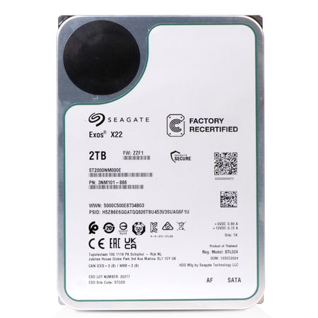Seagate Exos X22 2TB SATA hard drive, model ST2000NM000E, featuring factory recertified labels and technical specifications