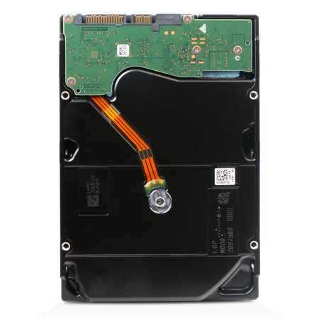 Underside of a Seagate enterprise hard drive featuring a green PCB with gold-plated SATA and power connectors, orange data ribbon, and laser-etched serial numbers on the metal chassis.