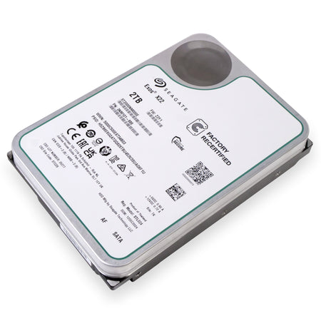 Seagate Exos X22 2TB SATA hard drive, model ST2000NM000E, showing manufacturer technical specifications and factory recertified branding.