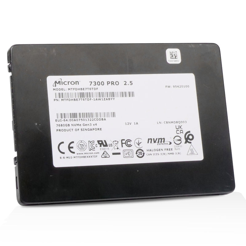 Micron 7300 PRO MTFDHBE7T6TDF 7.68TB 1 DWPD PCIe Gen 3.0 x4 4GB/s 3D TLC U.2 NVMe 2.5in Refurbished SSD