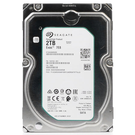 Seagate Exos 7E8 ST2000NM0055 2TB 7.2K RPM SATA 6Gb/s 512n 128MB 3.5in Recertified HDD