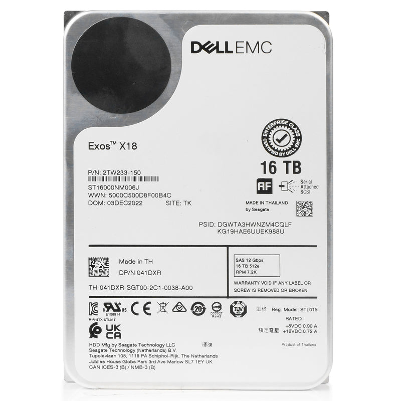 Dell/Seagate Exos X18 ST16000NM006J 16TB 7.2K RPM SAS 12Gb/s 512e 3.5in Hard Drive
