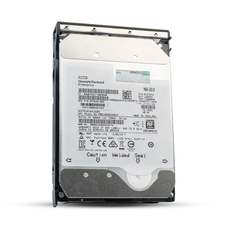 HP Generation 11 857642-002 10TB 7.2K RPM SAS 12Gb/s 512e 256MB 3.5in Hard Drive, front angled view
