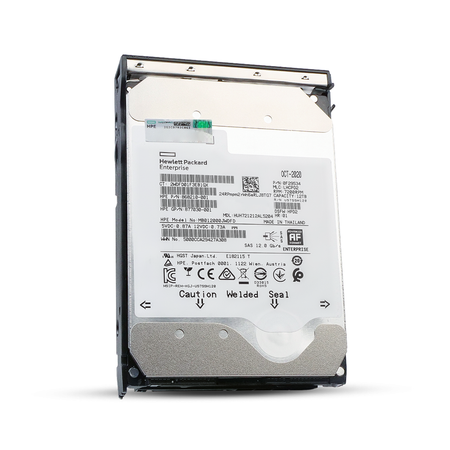 HP Generation 11 868210-001 MB012000JWDFD 12TB 7.2K RPM SAS 12Gb/s 512e 256MB 3.5in Enterprise Hard Drive, front angled view