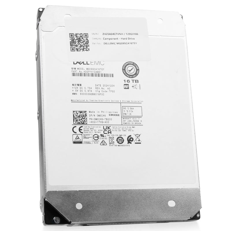 Dell/Toshiba MG09 MG09SCA16TEY 16TB 7.2K RPM SAS 12Gb/s 512e 512MB 3.5in Refurbished HDD
