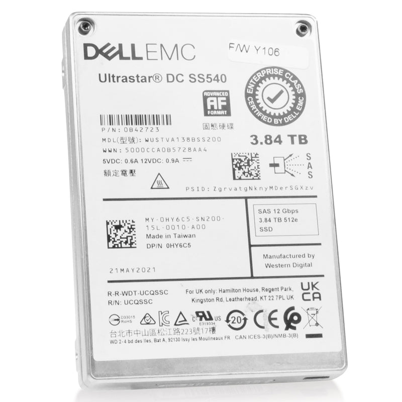 Dell/WD Ultrastar DC SS540 WUSTVA138BSS200 0B42723 3.84TB 1 DWPD SAS 12Gb/s 512e 2.5in Read Intensive Refurbished SSD
