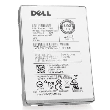 Dell/HGST Ultrastar SSD1600MR HUSMR1619ASS204 0B34793 1.92TB 1 DWPD SAS 12Gb/s MLC 2.5in Refurbished SSD