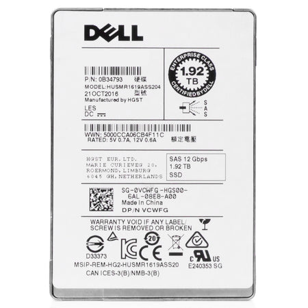 Dell/HGST Ultrastar SSD1600MR HUSMR1619ASS204 0B34793 1.92TB 1 DWPD SAS 12Gb/s MLC 2.5in Refurbished SSD